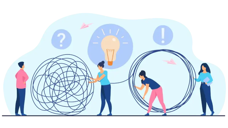 Ilustración de personas trabajando en una idea que han tenido que representa la Aplicación a medida